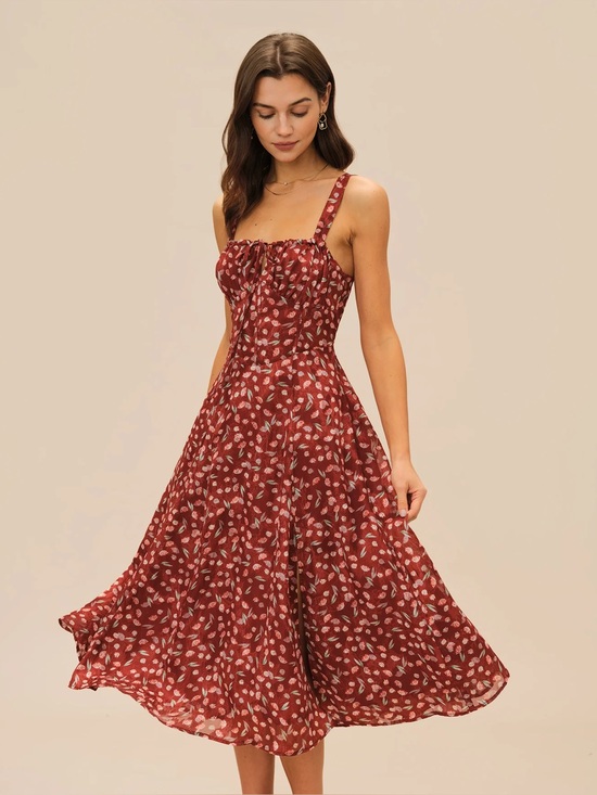 RIHOAS Dresses & Skirts - Rihoas Wine Red Floral Slip Midi Dress
